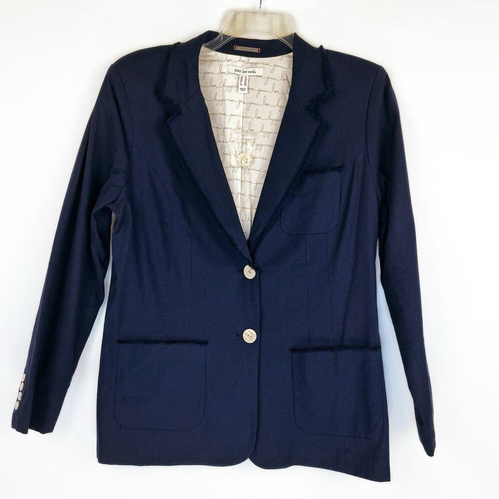 Nwot Peace Love World Navy Blue Cotton Linen Blend Fringe‎ Hem Blazer Women 14